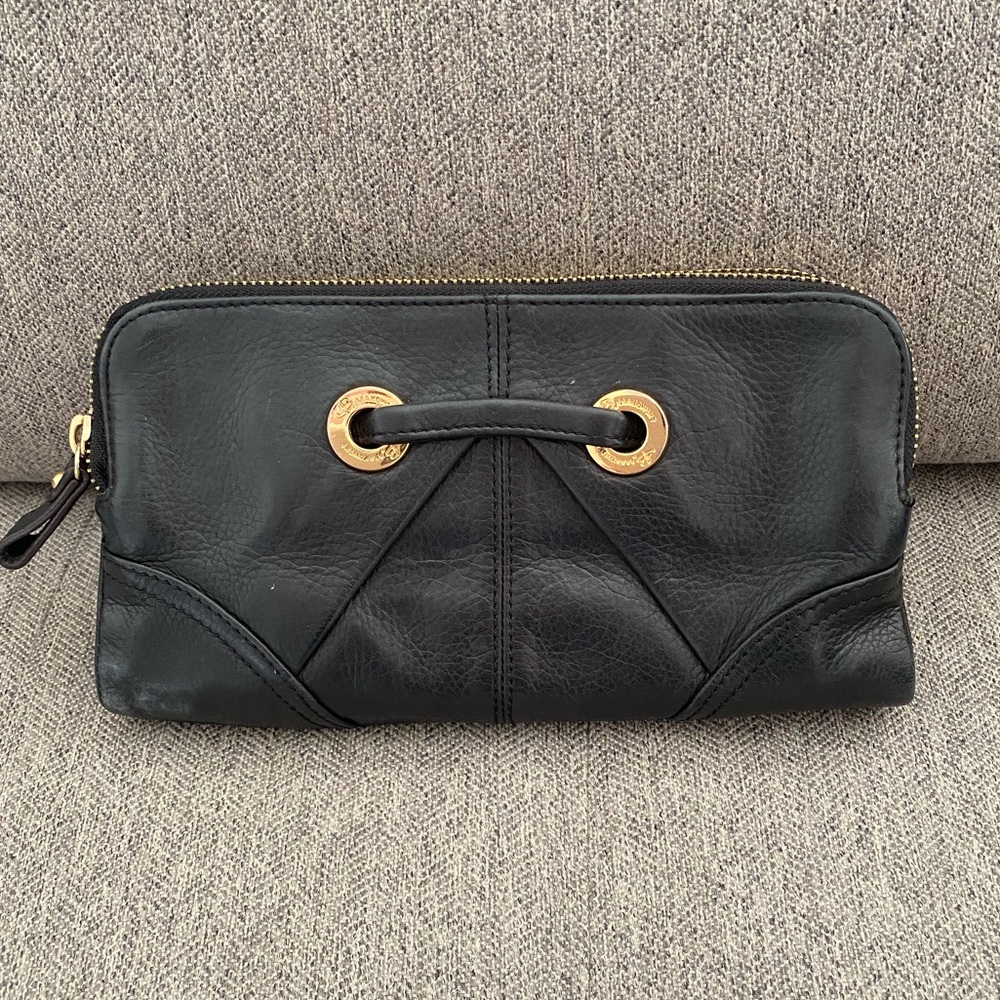 B Makowsky black leather wallet/clutch VGUC, leopard print inside